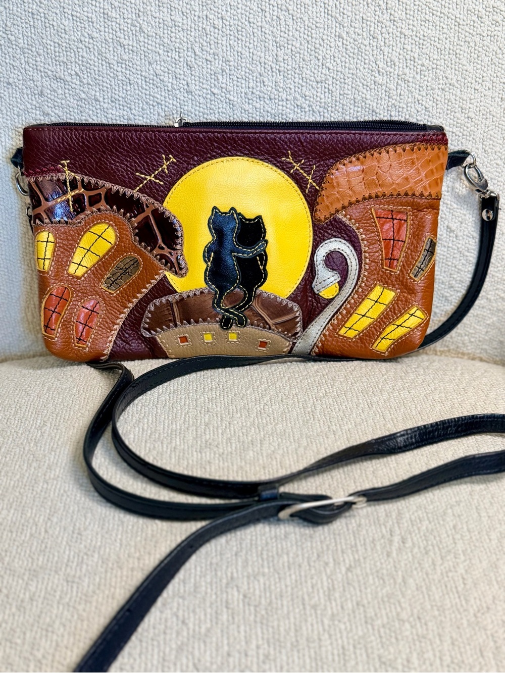 Moonlight Cats Leather Crossbody Bag in Burgundy and Brown